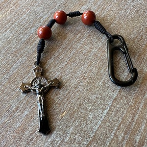3 Hail Mary Novena Keychain with Natural Red Jasper Beads, Gunmetal St Benedict Crucifix, and Steel Clip