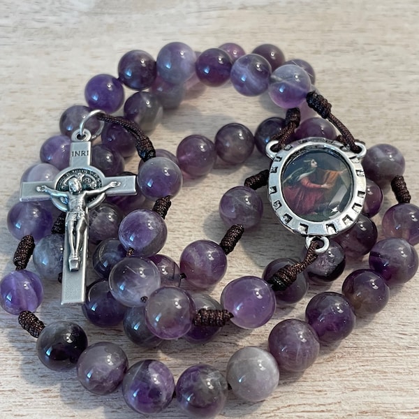 Saint Mary Magdalene Rosary, Catholic Rosary Beads, Dog Tooth Amethyst