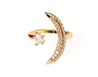 Modern Gold Moon Star Cubic Diamond Ring Vanillagirl Minimalist Aesthetic Preppy Vintage Retro Gift