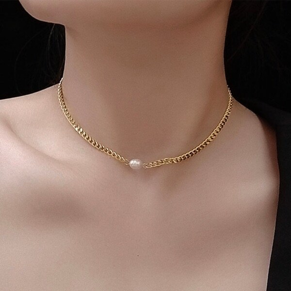 gold plated chain necklace, real pearl choker, gold necklace, gold choker, curb chain, cuban chain Vanillagirl Gift Preppy