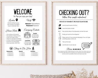 Puede incluir: Dos carteles imprimibles en blanco y negro con instrucciones para el registro de entrada y salida de una propiedad de alquiler. El cartel de bienvenida incluye información sobre la ubicación, wifi, normas de la casa y contactos de emergencia. El cartel de salida incluye una lista de instrucciones que los huéspedes deben seguir al salir de la propiedad.