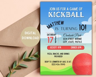 Invitación a fiesta de kickball / Fiesta de kickball / Kickball / Descarga digital / Opciones de 5 x 7, 4 x 6 pulgadas / Invitación de cumpleaños de kickball / Tarjeta editable