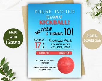 Invitación a fiesta de kickball / Fiesta de kickball / Kickball / Descarga digital / Opciones de 5 x 7, 4 x 6 pulgadas / Invitación de cumpleaños de kickball / Tarjeta editable