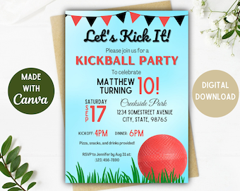 Kickball Party Invitation | Kickball Party | Kickball | Digital Download | 5x7, 4x6 Inch Options | Kickball Birthday Invite | Editable Card