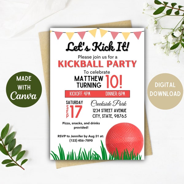 Kickball Party Invitation | Kickball Party | Kickball | Digital Download | 5x7, 4x6 Inch Options | Kickball Birthday Invite | Editable Card
