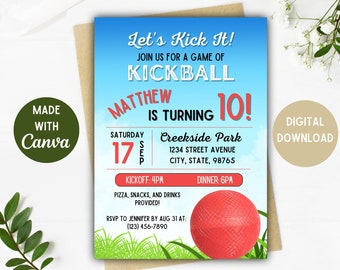 Invitación a fiesta de kickball / Fiesta de kickball / Kickball / Descarga digital / Opciones de 5 x 7, 4 x 6 pulgadas / Invitación de cumpleaños de kickball / Tarjeta editable