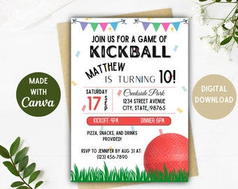 Invitación a fiesta de kickball / Fiesta de kickball / Kickball / Descarga digital / Opciones de 5 x 7, 4 x 6 pulgadas / Invitación de cumpleaños de kickball / Tarjeta editable