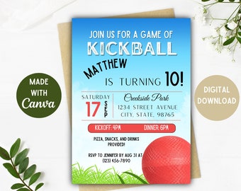Invitación a fiesta de kickball / Fiesta de kickball / Kickball / Descarga digital / Opciones de 5 x 7, 4 x 6 pulgadas / Invitación de cumpleaños de kickball / Tarjeta editable