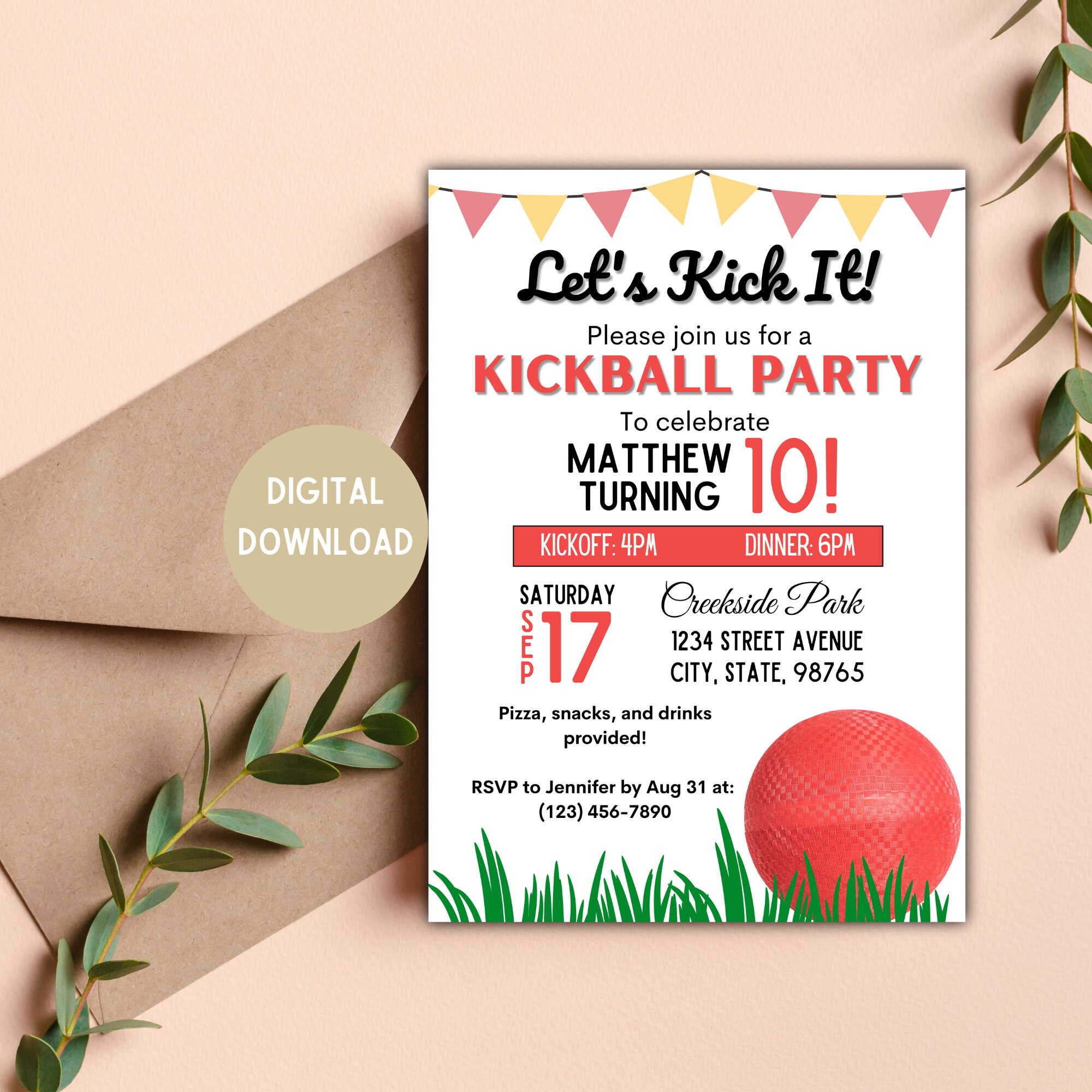 Kickball Party Invitation Kickball Party Kickball Digital Download 5x7, 4x6 Inch Options