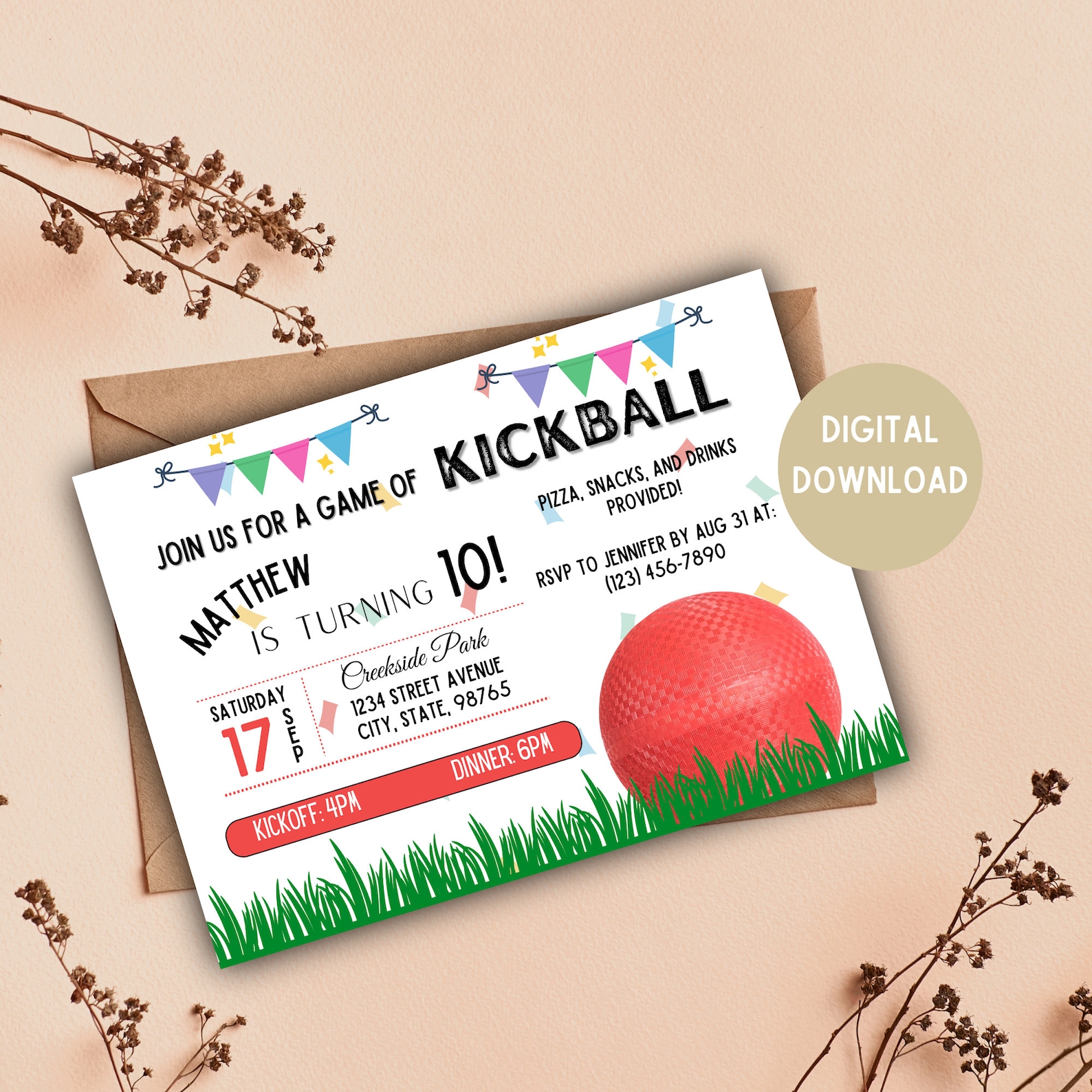 Kickball Party Invitation Kickball Party Kickball Digital Download 5x7