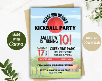 Invitación a fiesta de kickball / Fiesta de kickball / Kickball / Descarga digital / Opciones de 5 x 7, 4 x 6 pulgadas / Invitación de cumpleaños de kickball / Tarjeta editable