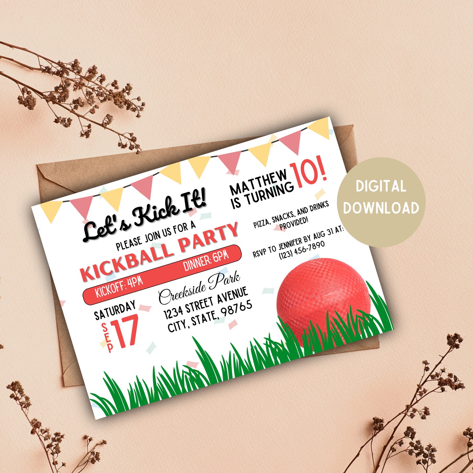 Kickball Party Invitation Kickball Party Kickball Digital Download 5x7