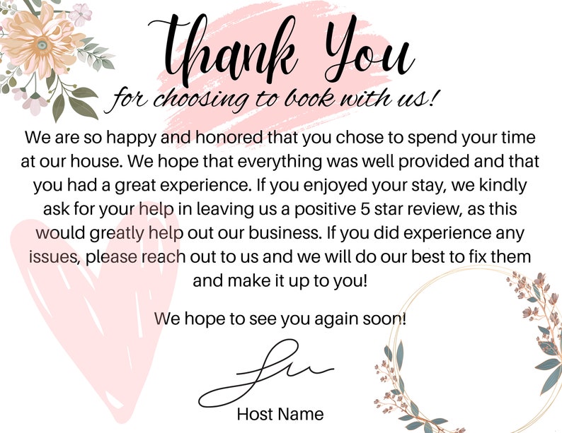 Airbnb Thank You Card Template Thank Your Guests for Staying Aesthetic