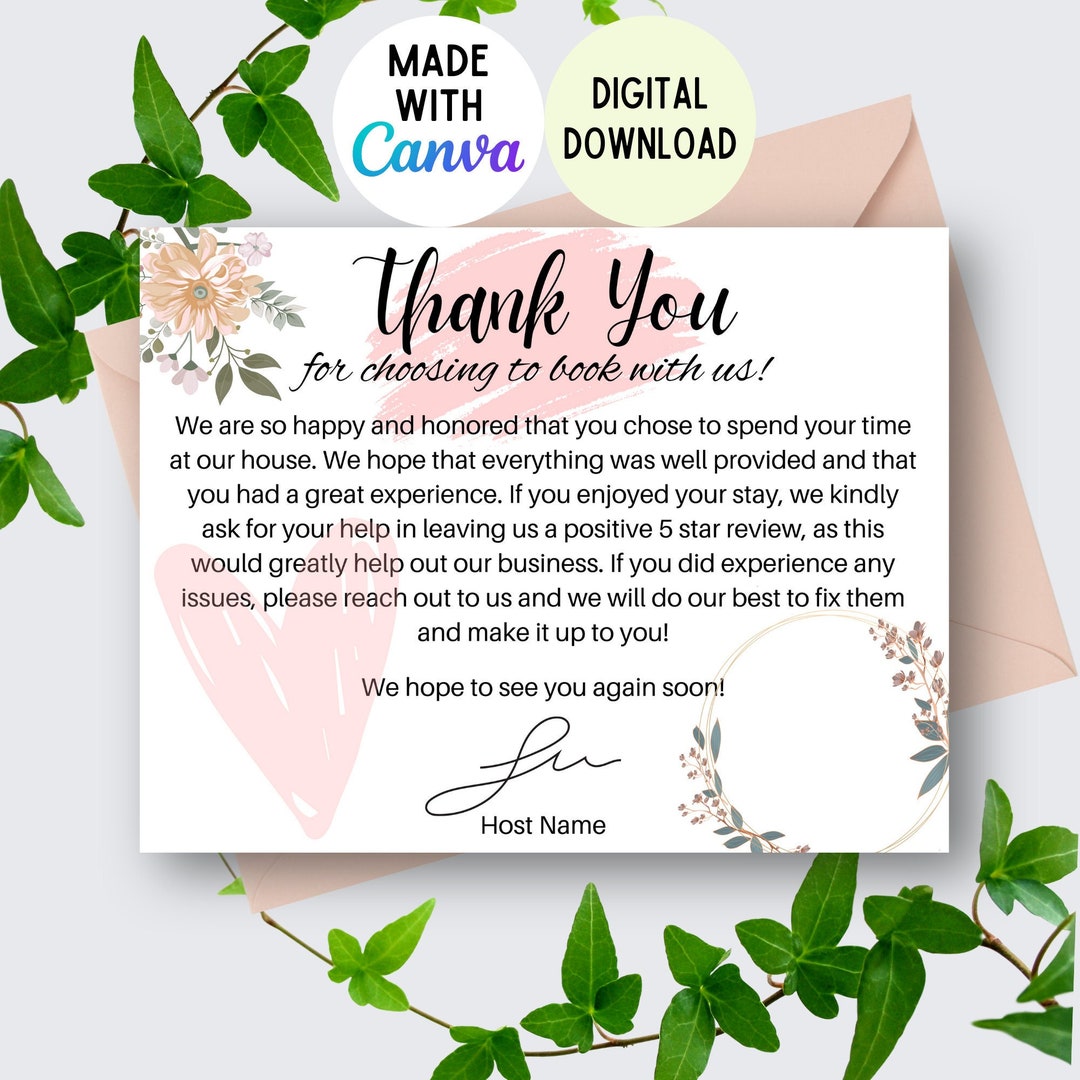 Airbnb Thank You Card Template Thank Your Guests for Staying Aesthetic ...