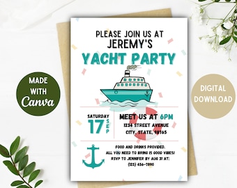 Invitación para fiesta de cumpleaños en yate PLANTILLA / Invitación para fiesta en yate / Fiesta en yate / Invitación para yate / Descarga digital / Opciones de 5 x 7 4 x 6 pulgadas