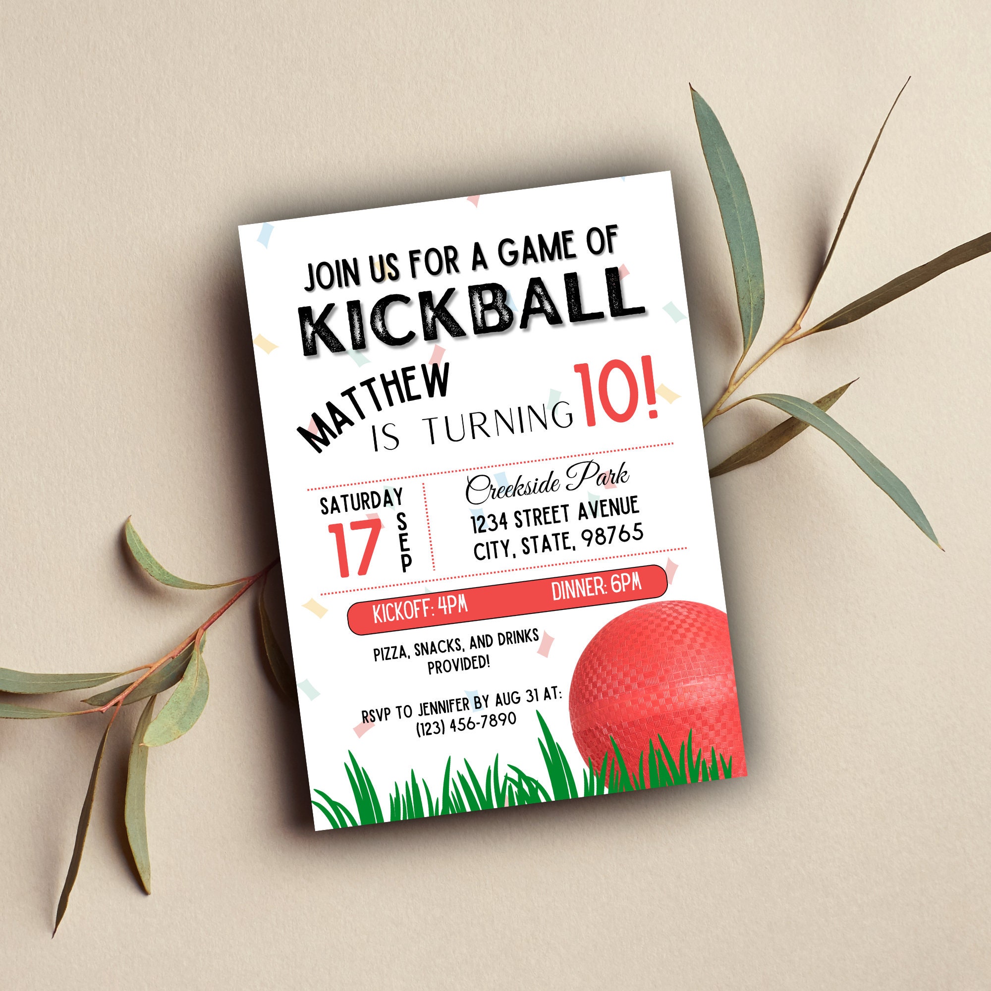 Kickball Party Invitation Kickball Party Kickball Digital Download 5x7, 4x6 Inch Options