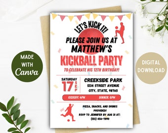 Invitación a fiesta de kickball / Fiesta de kickball / Kickball / Descarga digital / Opciones de 5 x 7, 4 x 6 pulgadas / Invitación de cumpleaños de kickball / Tarjeta editable