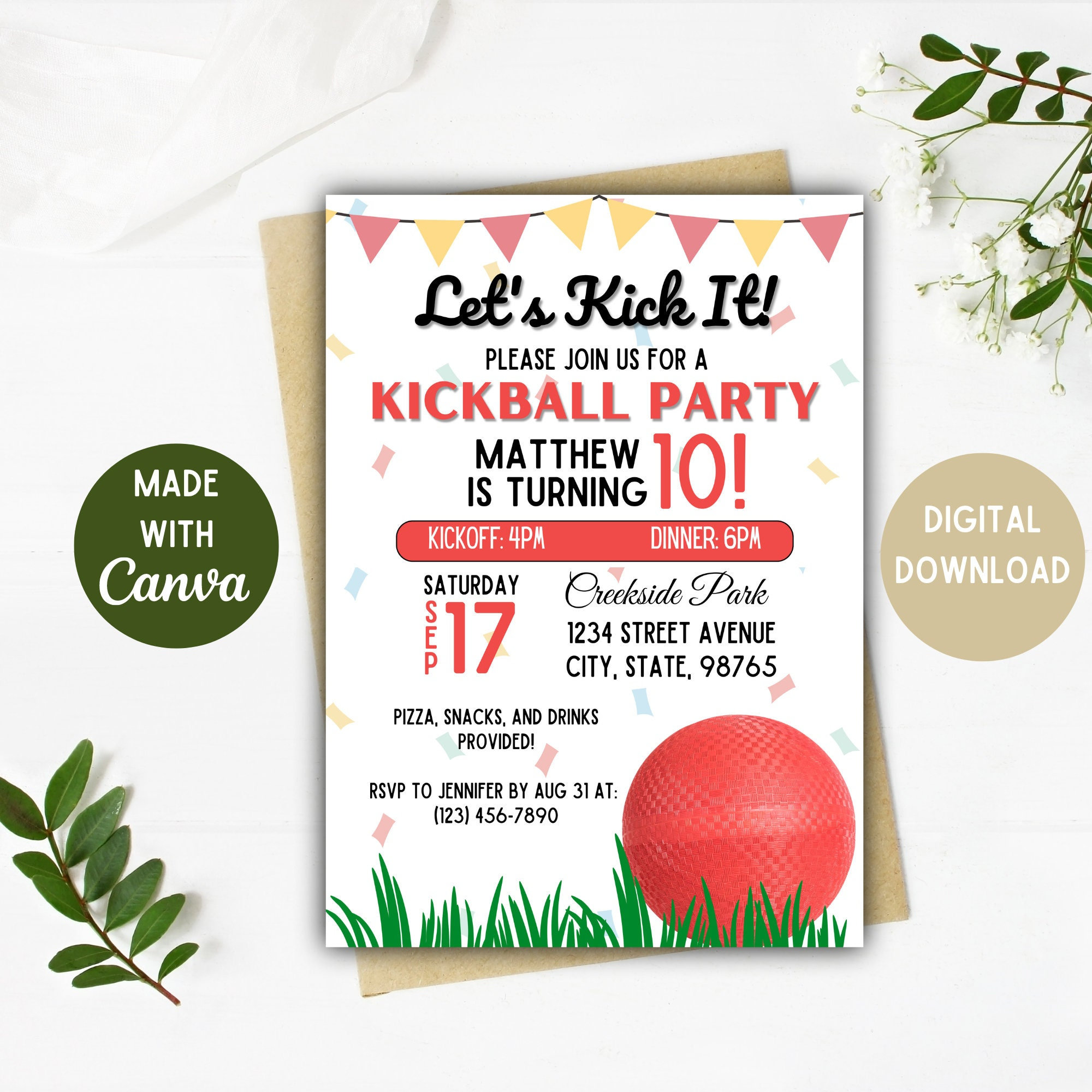 Kickball Party Invitation Kickball Party Kickball Digital Download 5x7, 4x6 Inch Options