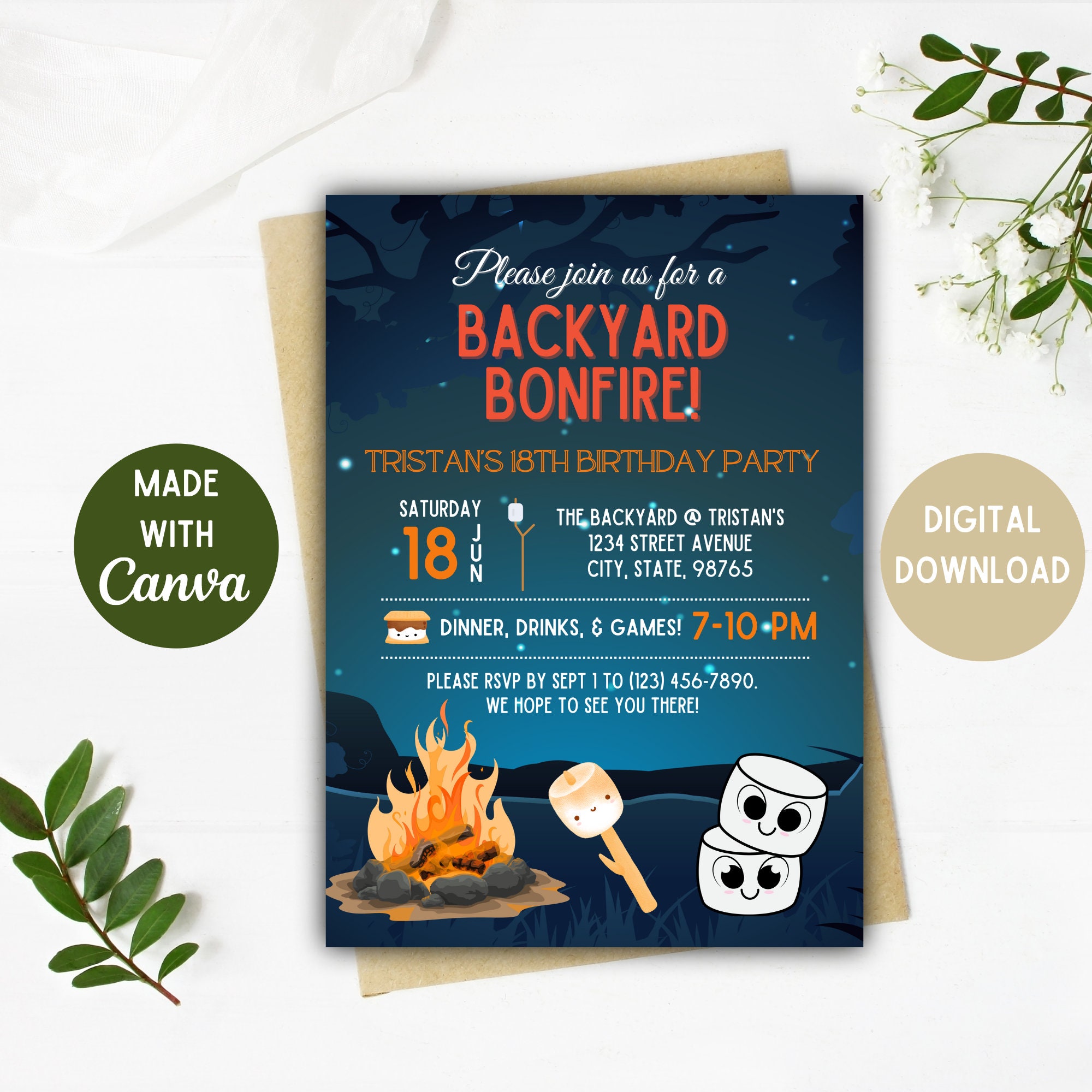 Bonfire Birthday Invitation DIGITAL TEMPLATE Bonfire Birthday Booze and