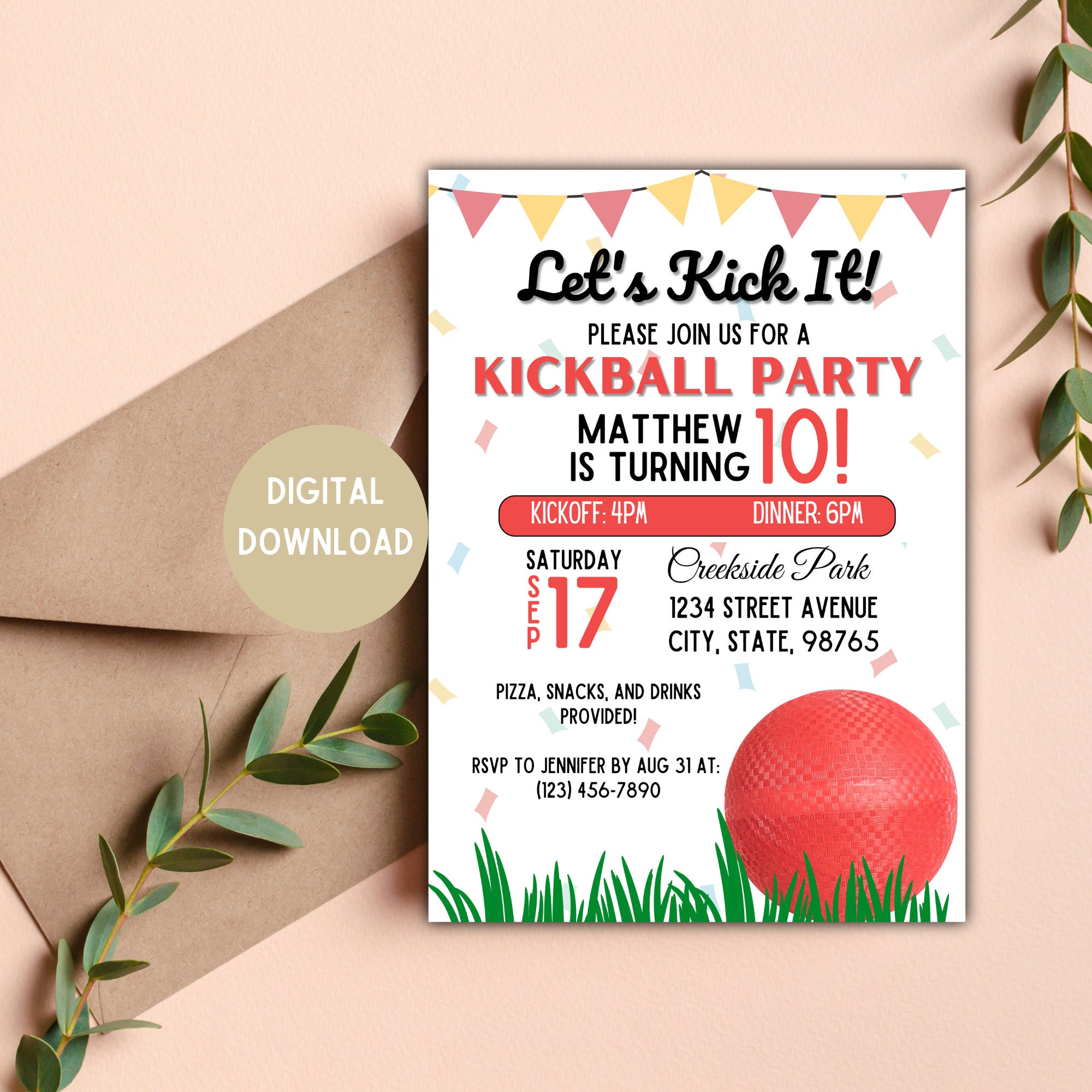 Kickball Party Invitation Kickball Party Kickball Digital Download 5x7