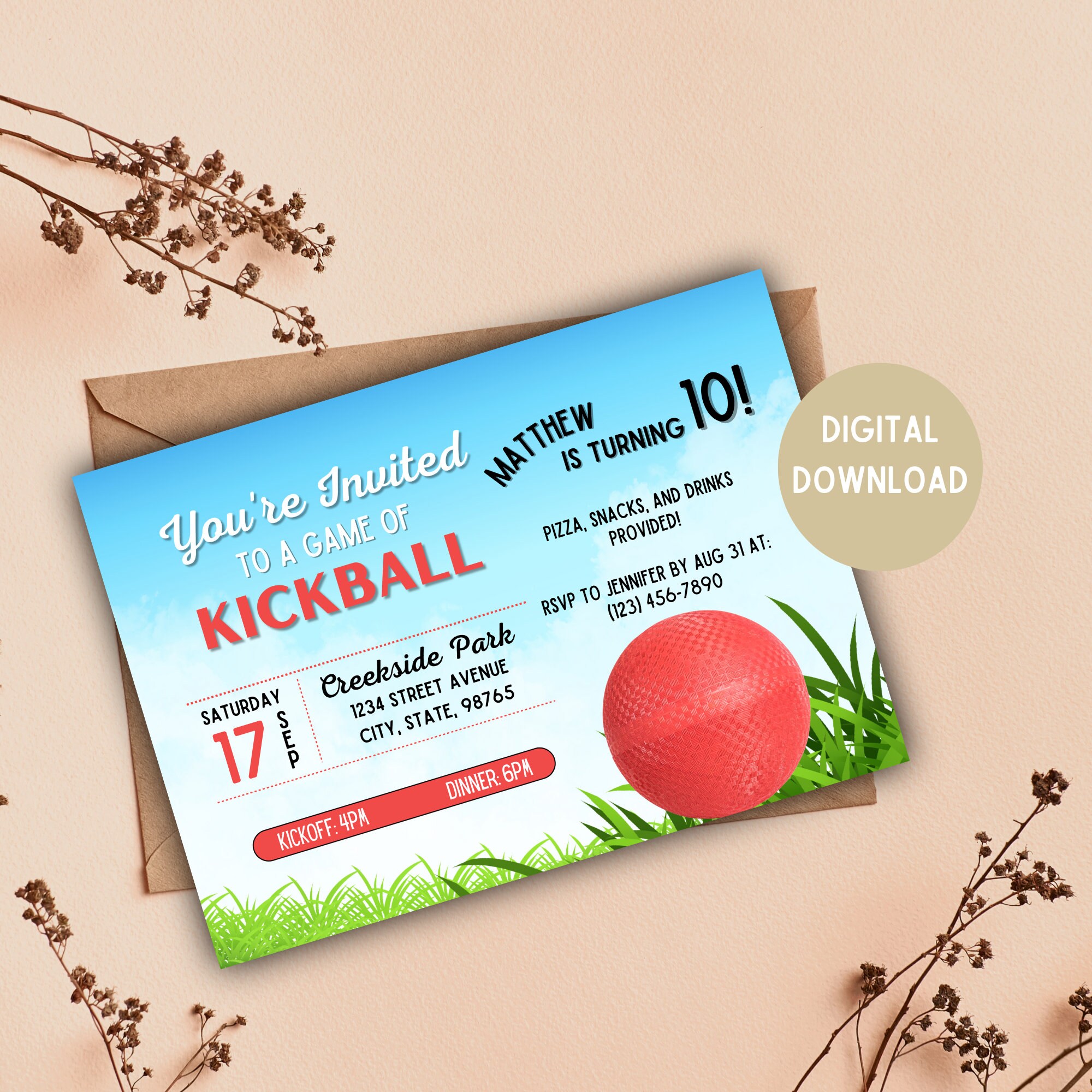 Kickball Party Invitation Kickball Party Kickball Digital Download 5x7