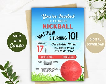 Invitación a fiesta de kickball / Fiesta de kickball / Kickball / Descarga digital / Opciones de 5 x 7, 4 x 6 pulgadas / Invitación de cumpleaños de kickball / Tarjeta editable