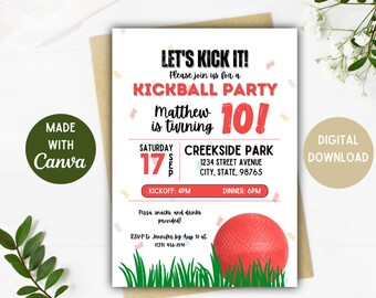 Invitación a fiesta de kickball / Fiesta de kickball / Kickball / Descarga digital / Opciones de 5 x 7, 4 x 6 pulgadas / Invitación de cumpleaños de kickball / Tarjeta editable