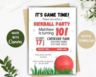 Invitación a fiesta de kickball / Fiesta de kickball / Kickball / Descarga digital / Opciones de 5 x 7, 4 x 6 pulgadas / Invitación de cumpleaños de kickball / Tarjeta editable