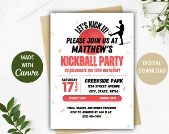 Invitación a fiesta de kickball / Fiesta de kickball / Kickball / Descarga digital / Opciones de 5 x 7, 4 x 6 pulgadas / Invitación de cumpleaños de kickball / Tarjeta editable