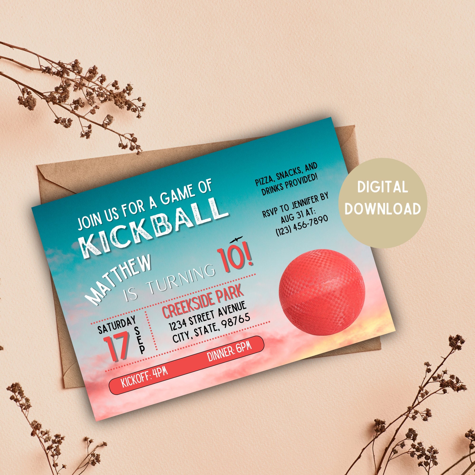 Kickball Party Invitation | Kickball Party | Kickball Invitation | Digital Download | 5x7, 4x6 In | Kickball Birthday Invite | Editable Card