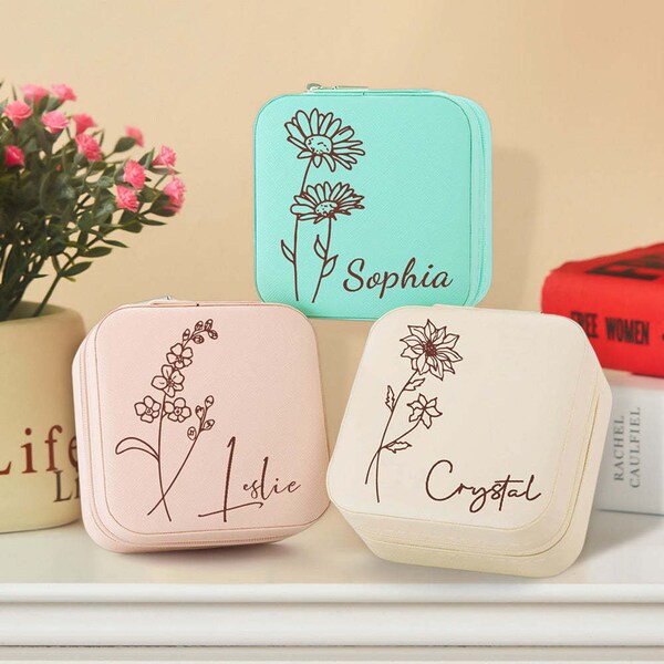 Personalized Birth Flower Jewelry Box Custom Jewelry Organizer Travel Storage Gift