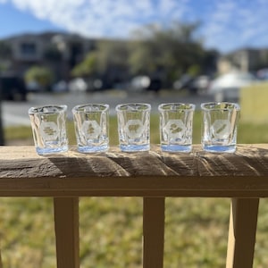 Ensemble de 5 verres à liqueur gravés Catan - Pierre, brique, blé, mouton, bois