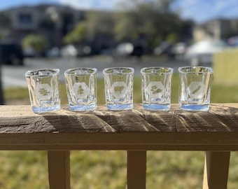 Juego de 5 vasos de chupito grabados de Catan: piedra, ladrillo, trigo, oveja y madera.