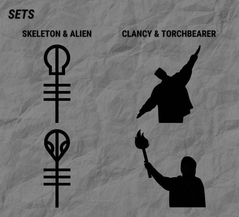 Twenty One Pilots - Conjuntos de cristal grabado de Skeleton, Alien/Clancy y Torchbearer (2) Clancy & Torchbearer