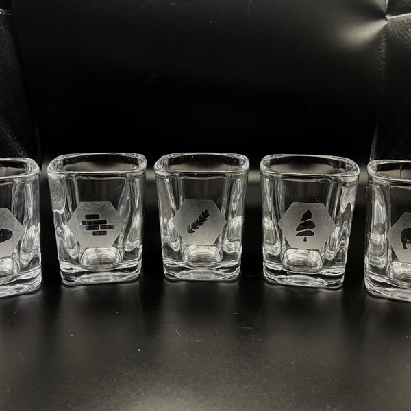 Catan Etched Shot Glass Set of 5 Resources - Stone, Brick, Wheat, Sheep, Wood