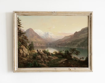 山の絵画 ヴィンテージ山の風景アートプリント タホ湖の絵画 ヴィンテージハイキング絵画 ヴィンテージタホ湖の風景山のアート