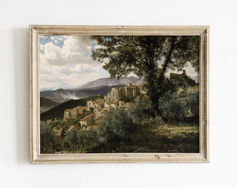 Pueblo en Italia Pintura vintage / Paisaje de pueblo italiano / Paisaje italiano / Pintura vintage de Italia / Arte de pared de Italia