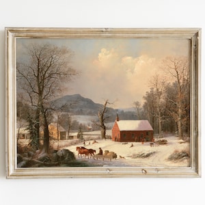 Farm Painting Winter Country Farm Painting Snowy Landscape Painting Winter Farm Art Print Vintage Christmas Wall Decor Farm Art Printable