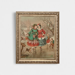 Vintage Eislaufen Malerei | Mädchen Eislaufen | Weihnachtskarten Kunst | Vintage Weihnachtskarten Malerei | Vintage Weihnachtsmalerei