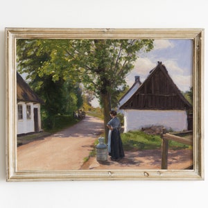 Frau in einer dänischen Dorflandschaft | Vintage Dorf Malerei | Pastorale Dorfszene | Dorf Landschaft | Sommer Dorf Landschaft
