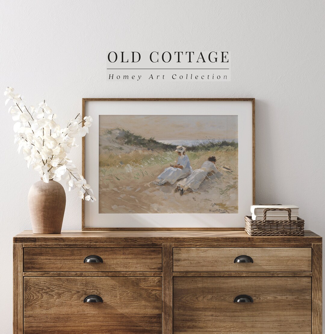 Two Girls by the Beach Vintage Painting Vintage Beach Painting Life in