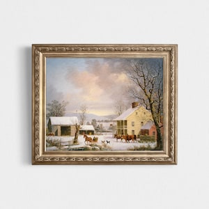 Winter Farm Print Vintage  Snowy Farm Painting Vintage Christmas Art Print Vintage Farm Painting Winter Country Art Snowy Painting Print