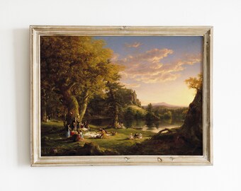 Picnic Summer Scene | Picnic Landscape Painting | Summer Landscape | Vintage Picnic Painting | Summer Trees and Lake Scene | Evening Picnic