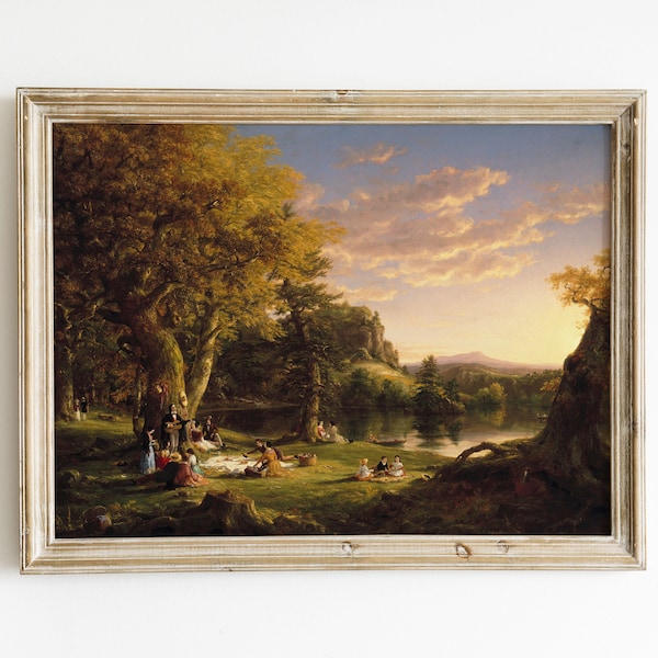 Picnic Summer Scene | Picnic Landscape Painting | Summer Landscape | Vintage Picnic Painting | Summer Trees and Lake Scene | Evening Picnic