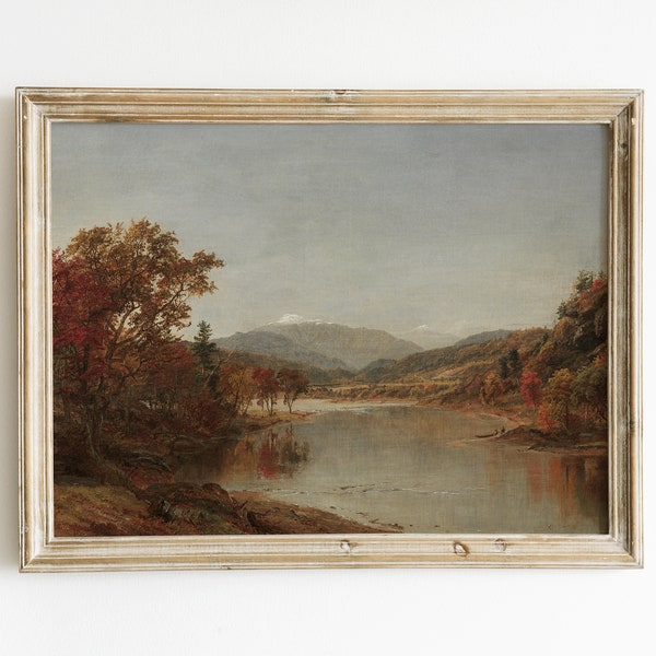 Moody Autumn Landscape Painting | Autumn River Scene | Gloomy Autumn Landscape Painting | Moody Vintage Wall Art | Vintage Farmhouse Art