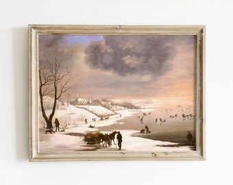 Ice Skating Painting | Vintage Ice Skating | Winter Town Landscape Painting | Christmas Landscape Painting | Vintage Christmas Art | Snowy