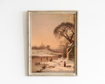 Vintage Ice Skating Painting | Winter Ice Skating | Vintage Christmas Art | Christmas Print | Winter Wall Art | Vintage Winter Painting