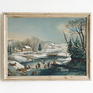 Ice Skating Print Vintage Christmas Art Vintage Ice Skating Print Wall Decor Vintage Christmas Painting Blue Winter Art Ice Skating Painting