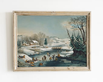 Ice Skating Print Vintage Christmas Art Vintage Ice Skating Print Wall Decor Vintage Christmas Painting Blue Winter Art Ice Skating Painting