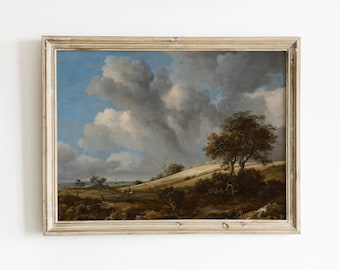 Gloomy Grassy Field Landscape Painting | Moody Vintage Landscape Painting | Vintage Painting Wall Art | Field Landscape Art Prints